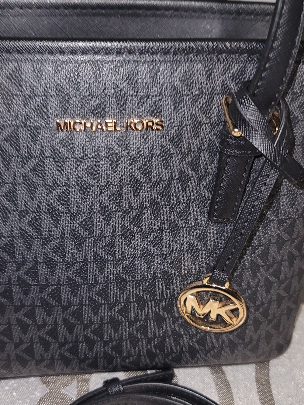 Michael Kors Black MK Logo Tote with Gold Accent Charm - Picture 2 of 7